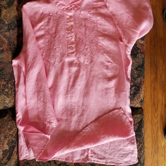 Irish linen, embroidery, 3/4 sleeve, open/closed collar, M, Edward's, vintage - Picture 6 of 8